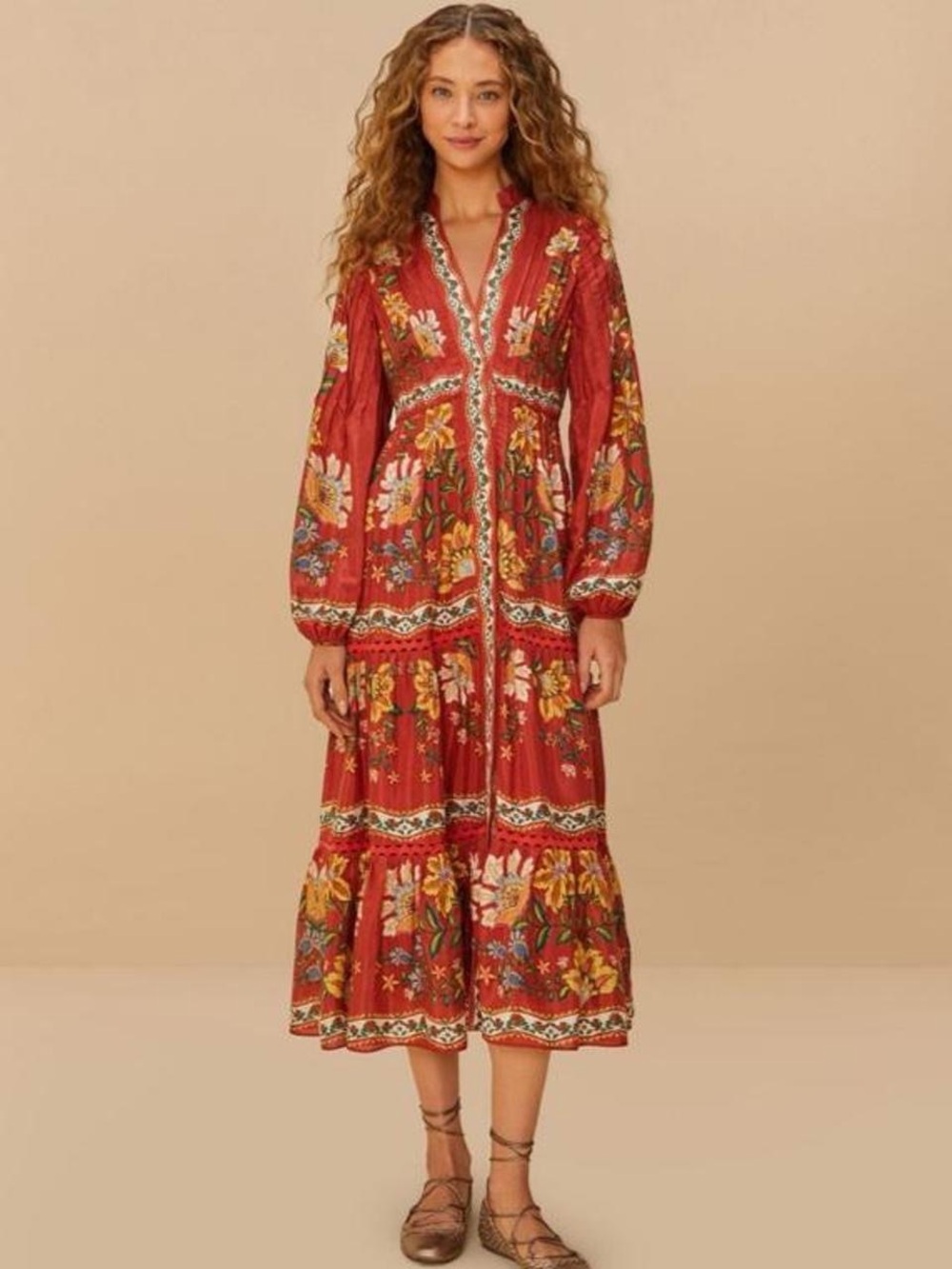 NWT FARM RIO Red Garden Delight Long Sleeve Midi Dress